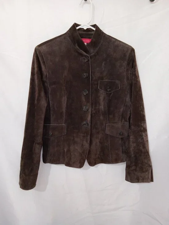 Vintage 90s Anne Klein Suede Leather Jacket Brown Mandarin Collar Button Front M - Picture 2 of 11